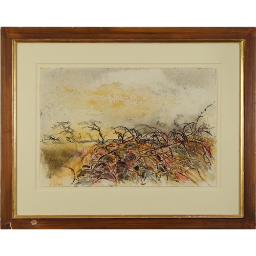 116 - Arthur Giardelli - Trees and brambles, evening, Wales, monogrammed ink and watercolour, Sevenarts Li... 