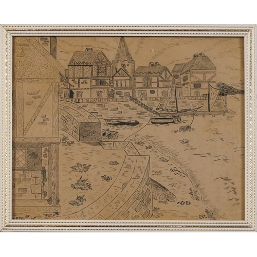 1631 - Coastal harbour scene with moored fishing boats, Continental ink, framed and glazed, 24.5cm x 19.5cm... 