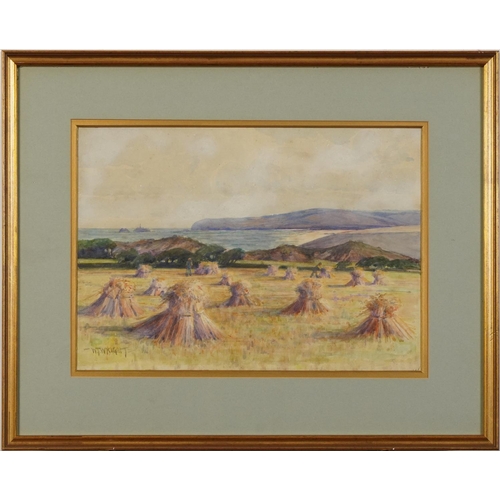 365 - William T Wright - Hayricks before water, late 19th/early 20th century watercolour, inscribed verso ... 