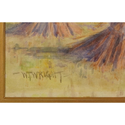 365 - William T Wright - Hayricks before water, late 19th/early 20th century watercolour, inscribed verso ... 