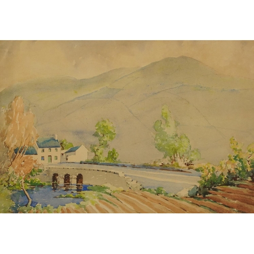 1706 - James Stanley Prosser - Bridge and cottage before mountains, 20th century watercolour, inscribed ver... 