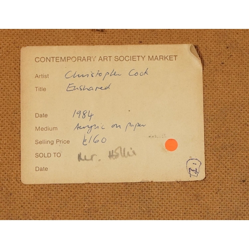 1438 - Christopher Cook - Ensnared, 1980s acrylic on paper, Contemporary Arts Society Market inscribed labe... 