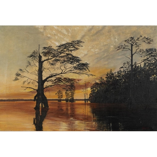 1483 - Shores - Flooded landscape at sunset, oil on canvas, New York stamp verso, mounted and framed, 60cm ... 