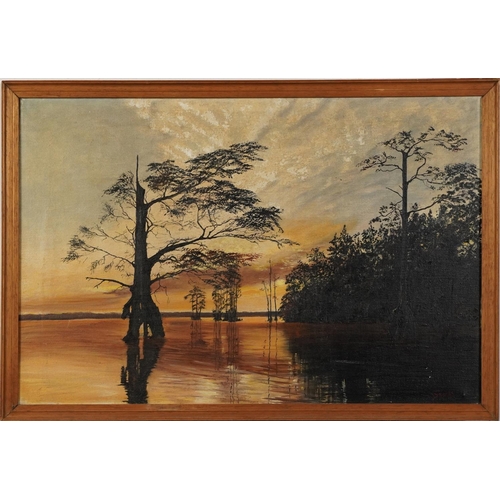 1483 - Shores - Flooded landscape at sunset, oil on canvas, New York stamp verso, mounted and framed, 60cm ... 