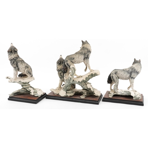 1294 - Giuseppe Armani for Nocturne, three large wolf groups raised on simulated burr wood bases, the large... 