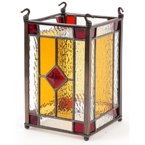 1322 - Arts & Crafts style copper hanging lantern with leaded glass panels, 31cm high