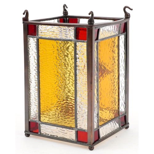 1322 - Arts & Crafts style copper hanging lantern with leaded glass panels, 31cm high