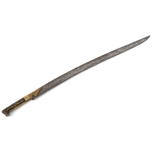 230A - Antique Islamic Yatagan sword with horn handle, brass mounts and steel blade engraved with calligrap... 