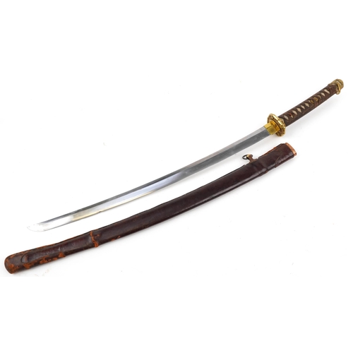 270 - Japanese Katana with bound shagreen grip, leather scabbard and steel blade, 99cm in length