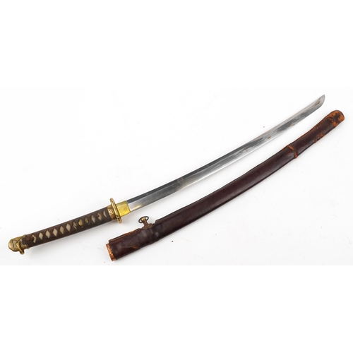 270 - Japanese Katana with bound shagreen grip, leather scabbard and steel blade, 99cm in length