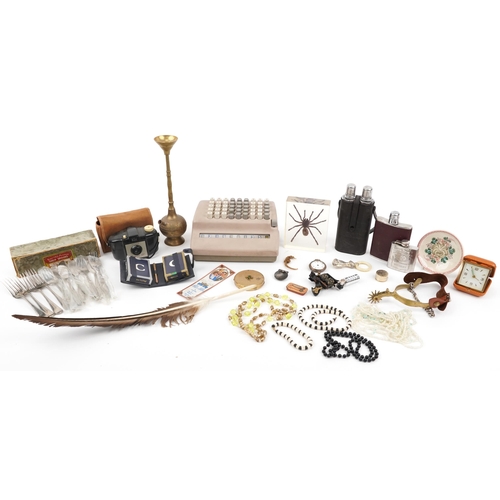 1333 - Sundry items including a vintage Plus calculator, hip flasks, costume jewellery, pocket watch and co... 