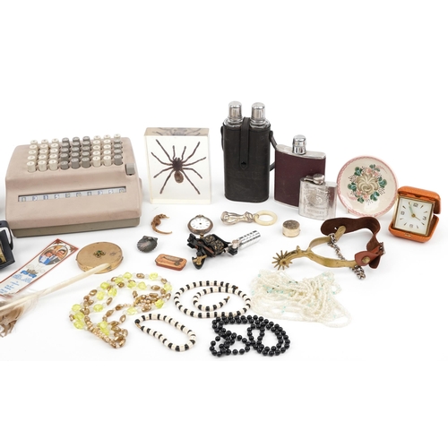 1333 - Sundry items including a vintage Plus calculator, hip flasks, costume jewellery, pocket watch and co... 