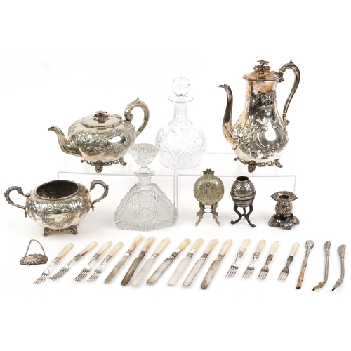 1332 - Silver, silverplate and glassware including two cut glass decanters, one with silver brandy decanter... 