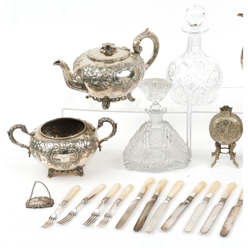 1332 - Silver, silverplate and glassware including two cut glass decanters, one with silver brandy decanter... 