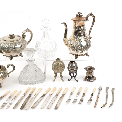 1332 - Silver, silverplate and glassware including two cut glass decanters, one with silver brandy decanter... 