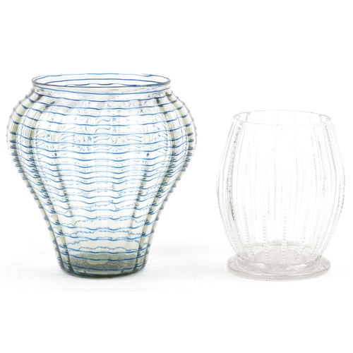 28 - Manner of Stevens & Williams, Art Nouveau green glass vase with blue trailing and one other, the lar... 