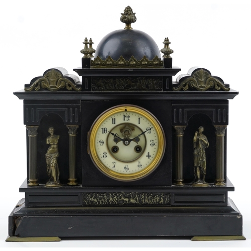 1322A - Large Victorian black slate mantle clock with gilt brass columns and mounts, the enamelled chapter r... 