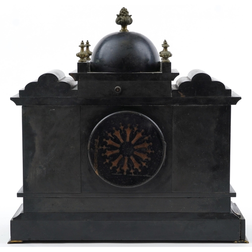 1322A - Large Victorian black slate mantle clock with gilt brass columns and mounts, the enamelled chapter r... 