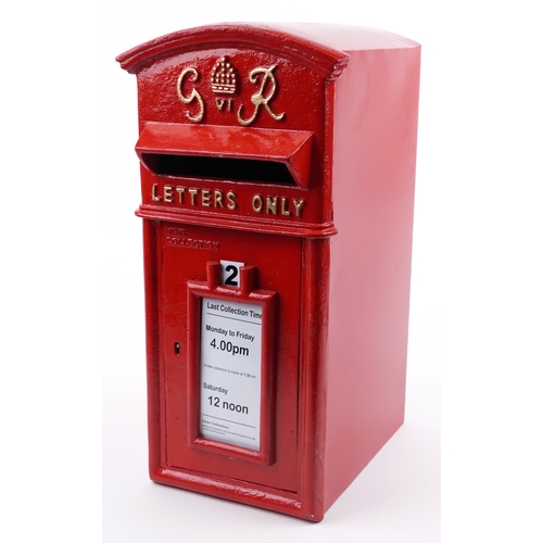 1345 - Elizabeth II style red painted cast iron and tin postbox, 56cm H x 28cm W x 36cm D