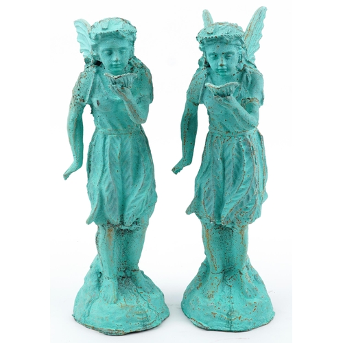 1347 - Pair of painted cast iron garden fairies, 48cm high