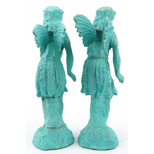 1347 - Pair of painted cast iron garden fairies, 48cm high