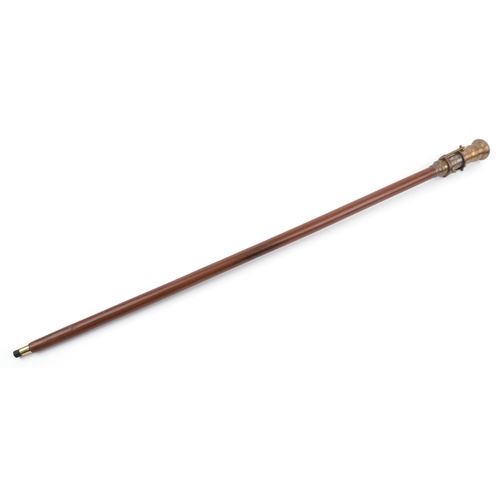 1380 - Hardwood walking stick with brass two draw telescope compass handle, 99cm in length