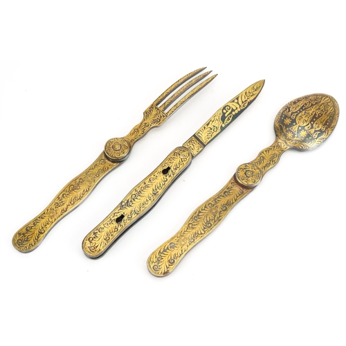 131 - Turkish Ottoman gold damascene hunting folding cutlery comprising fork, knife and spoon, the largest... 