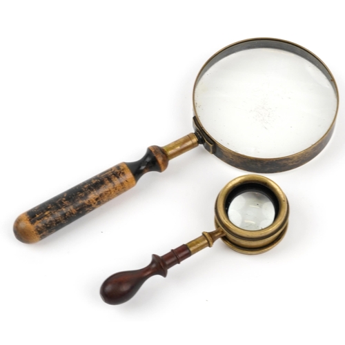 53 - Victorian brass magnifying glass with hardwood handle and a monocular housed in a silk and velvet li... 