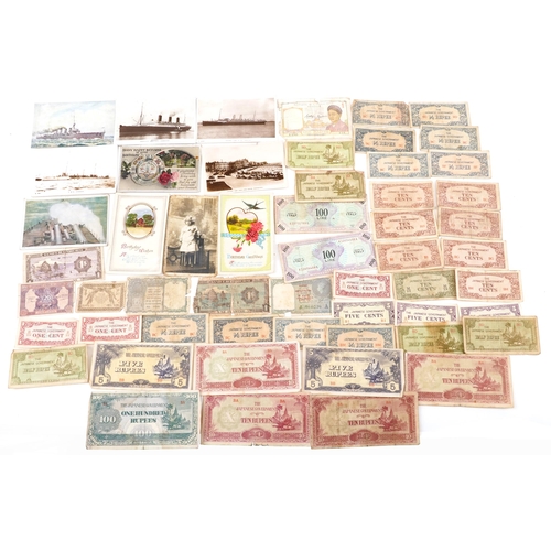 756 - Collection of world banknotes and various postcards including HMS Spanker and Fore Turret Deck of HM... 