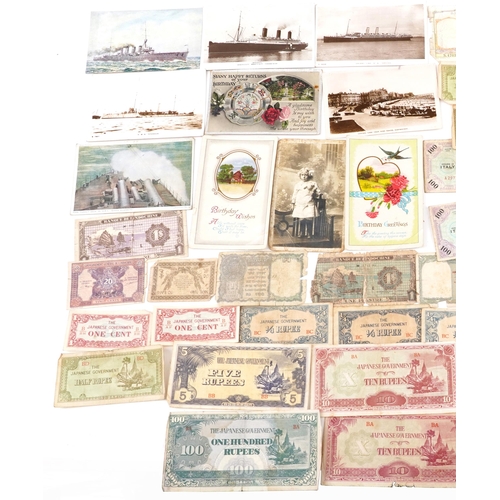 756 - Collection of world banknotes and various postcards including HMS Spanker and Fore Turret Deck of HM... 