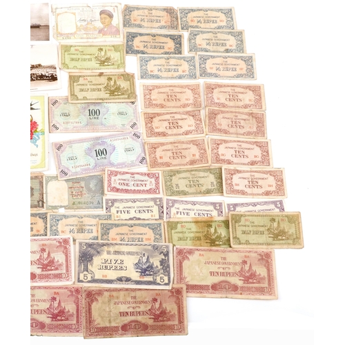 756 - Collection of world banknotes and various postcards including HMS Spanker and Fore Turret Deck of HM... 