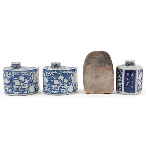 1310 - Three Chinese blue and white porcelain jars with covers and a white metal box with inset porcelain p... 