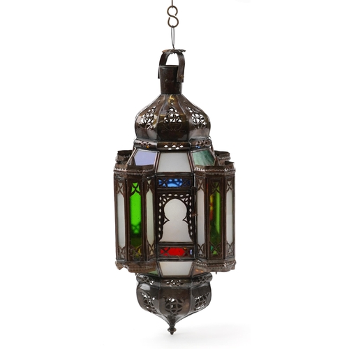 231 - Moroccan copper glass hanging lantern with coloured glass panels, 45cm high