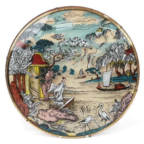 1448 - Circular convex glass panel decorated in the chinoiserie manner with a Geisha beside water with junk... 