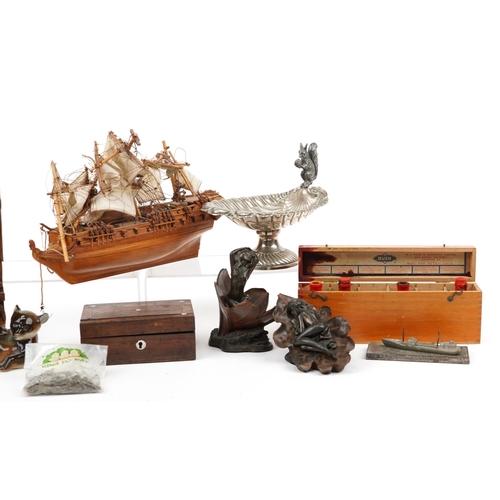 1337 - key sin bag Sundry items including rosewood box, two Art Nouveau style bronzed figures, wooden model... 