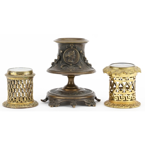 1299 - 19th century bronzed candlestick in the manner of Elkington & Co and two gilt brass pots with pictor... 