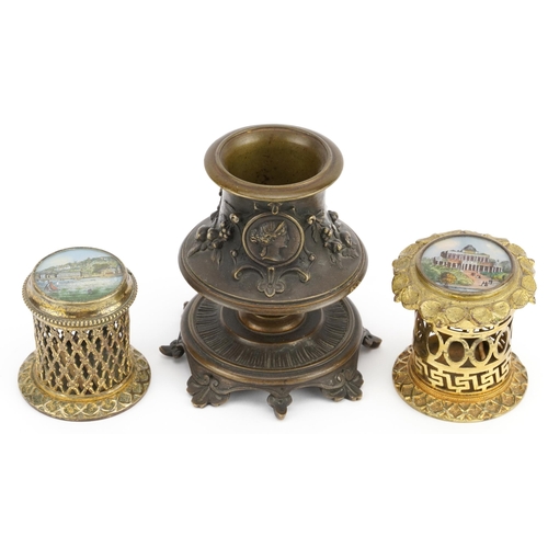 1299 - 19th century bronzed candlestick in the manner of Elkington & Co and two gilt brass pots with pictor... 