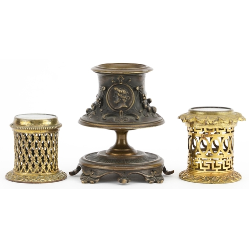 1299 - 19th century bronzed candlestick in the manner of Elkington & Co and two gilt brass pots with pictor... 