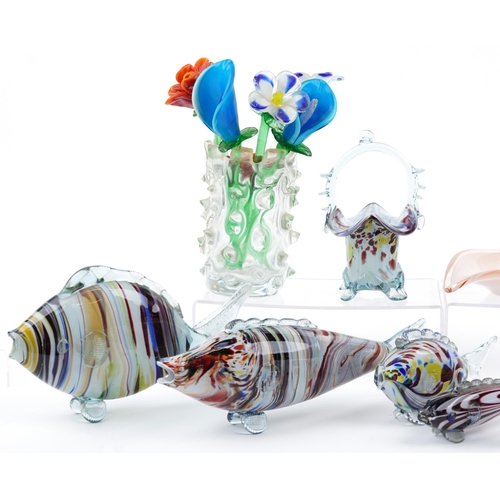 1336 - Art glassware including glass flowers, four fish and Venus Czech glass, the largest 35cm in length