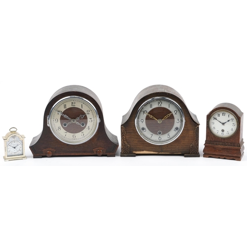 1321 - Three oak cased mantle clocks, one with Westminster chime and a Swiza carriage clock, the largest 28... 