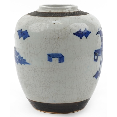 146 - Unusually Large Chinese blue and white crackle glaze porcelain ginger jar hand painted with mothers ... 