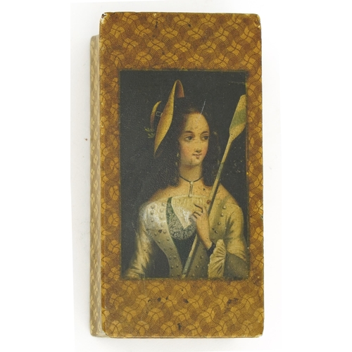 337 - 19th century wooden snuff box with hinged lid decorated with a portrait of a female in 18th century ... 