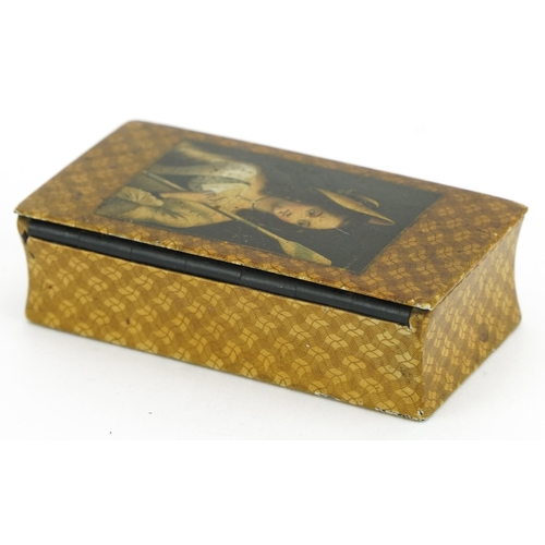 337 - 19th century wooden snuff box with hinged lid decorated with a portrait of a female in 18th century ... 