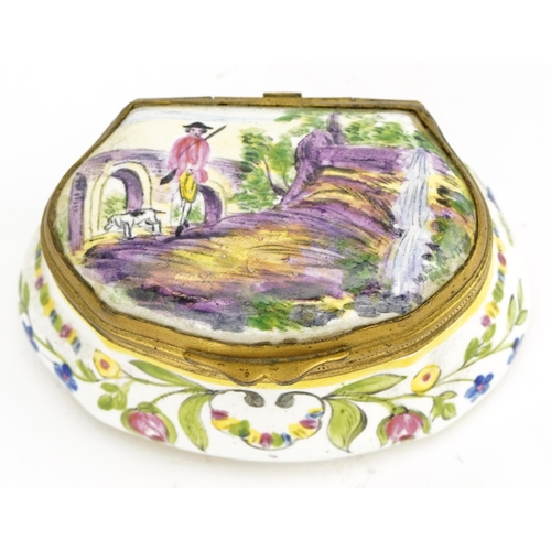 57 - 19th century European faience glazed patch box hand painted with a figure with dog and flowers, Inar... 
