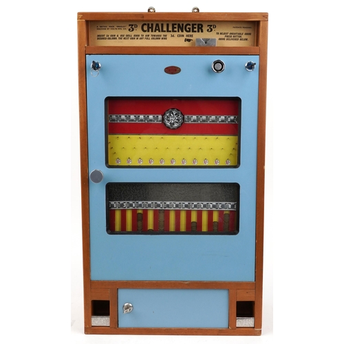 1620 - Vintage Challenger slot machine supplied by Ruffler & Walker of London England, 98cm H x 44.5cm W x ... 