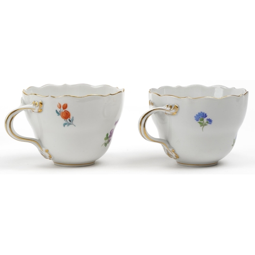 97 - Meissen, German porcelain hand painted with flowers including irises comprising two cups with saucer... 