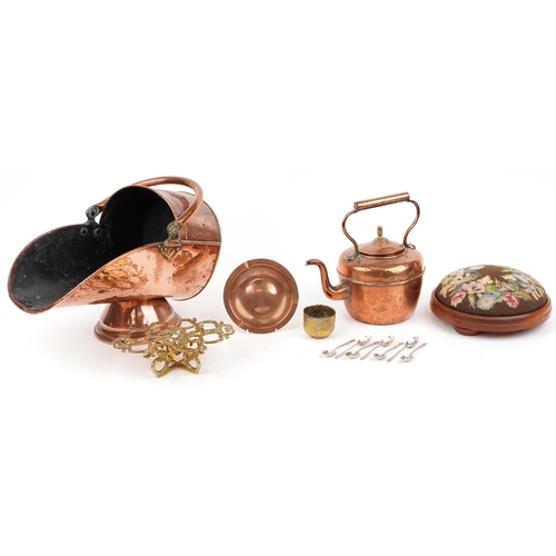 1330 - Antique and later metal and woodenware including a copper coal scuttle, brass trivet and a needlepoi... 