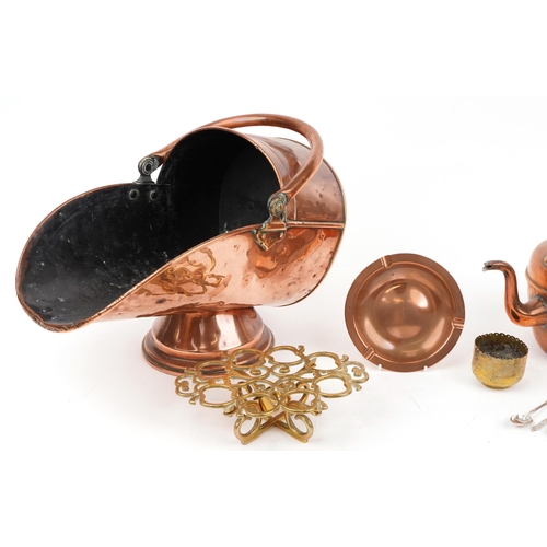 1330 - Antique and later metal and woodenware including a copper coal scuttle, brass trivet and a needlepoi... 