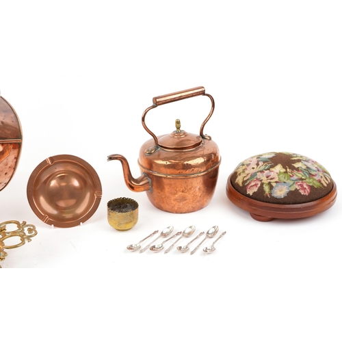 1330 - Antique and later metal and woodenware including a copper coal scuttle, brass trivet and a needlepoi... 