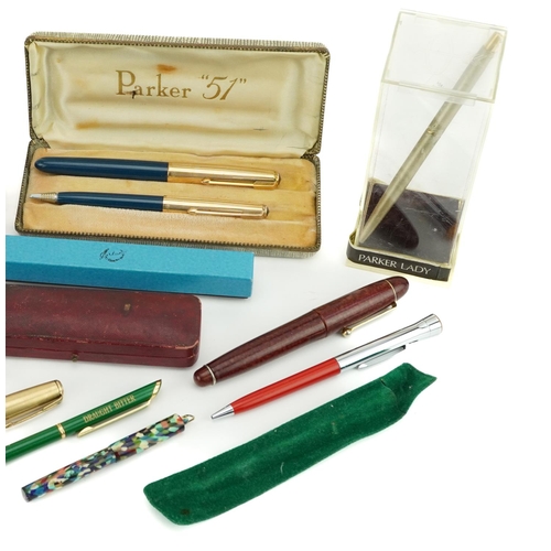 215 - Vintage and later pens including Parker 51 fountain pen and propelling pencil with case and Sheaffer